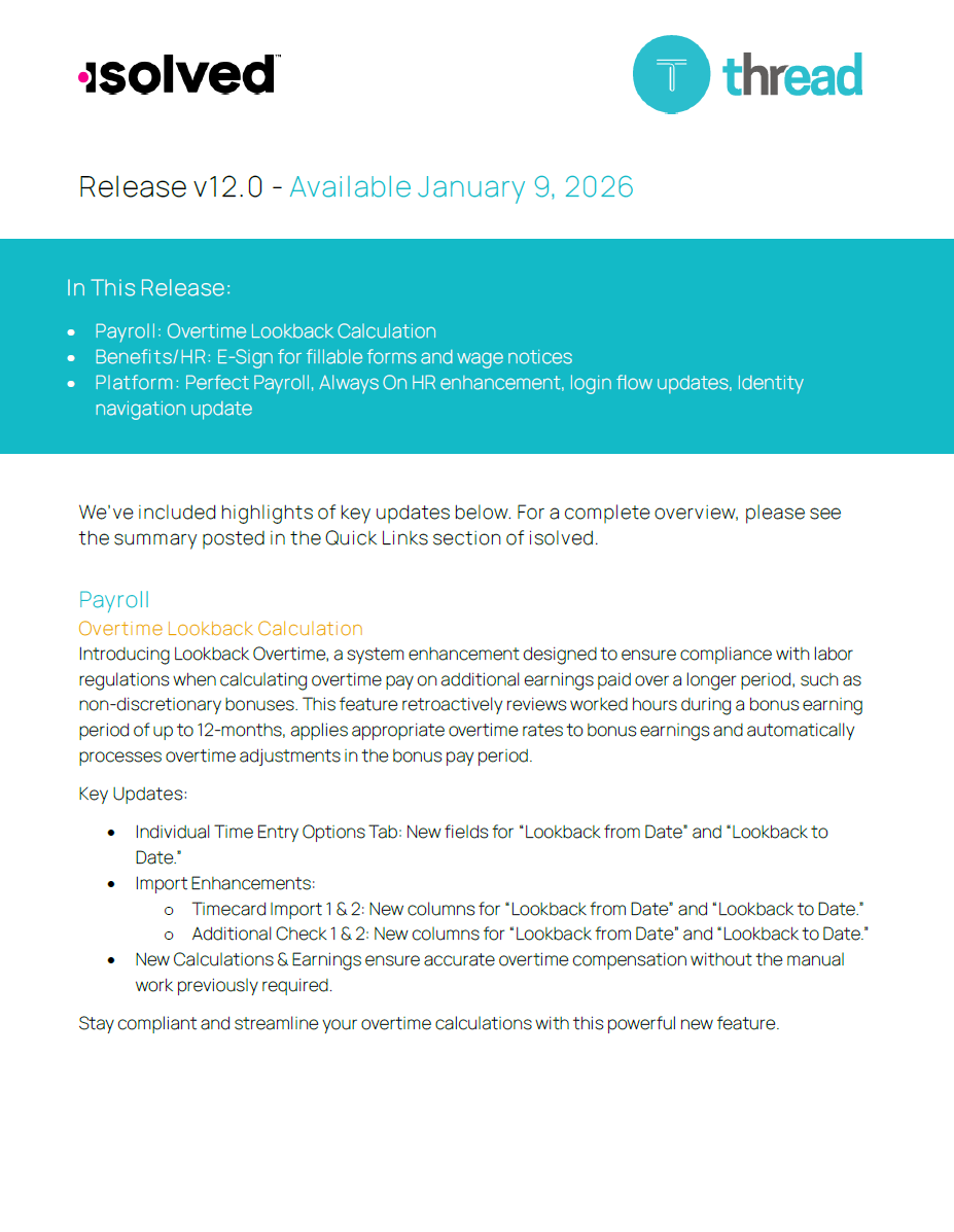 Thread Isolved Login isolved Release 12.0 - January 9th, 2026
