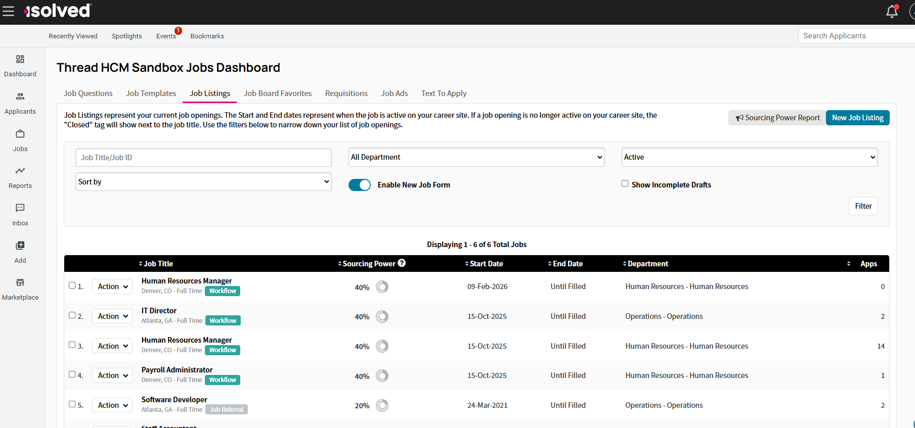Jobs Dashboard, Job Listings tab with left nav and top nav visible