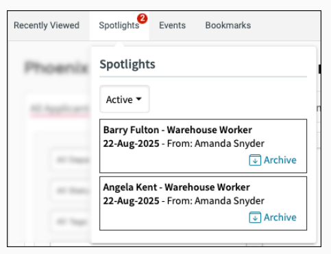 Spotlights panel showing shared applicants