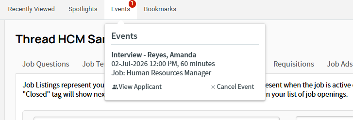Events panel showing an upcoming interview