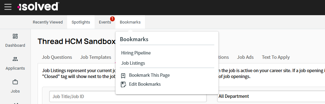 Bookmarks dropdown menu on Jobs Dashboard