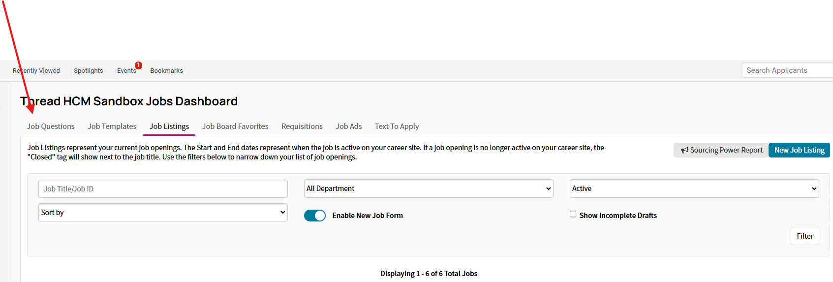 Jobs Dashboard tab row