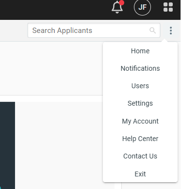 Notifications bell and kebab menu: Home, Notifications, Users, Settings, My Account, Help Center, Contact Us, Exit