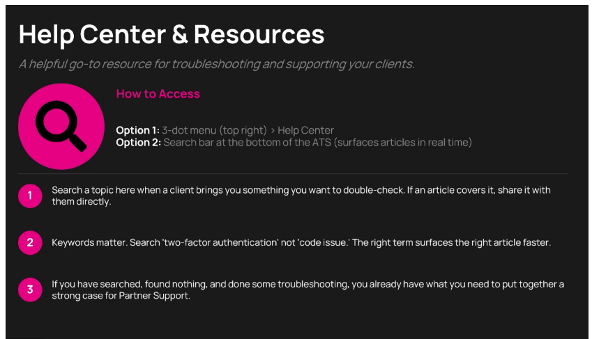Help Center and Resources slide showing how to access it and usage tips